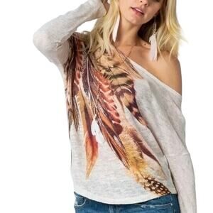 NWOT VOCAL USA Sweater M Beige Brown Bird-Feather-Print 1-Off-Shoulder/Boat-Neck
